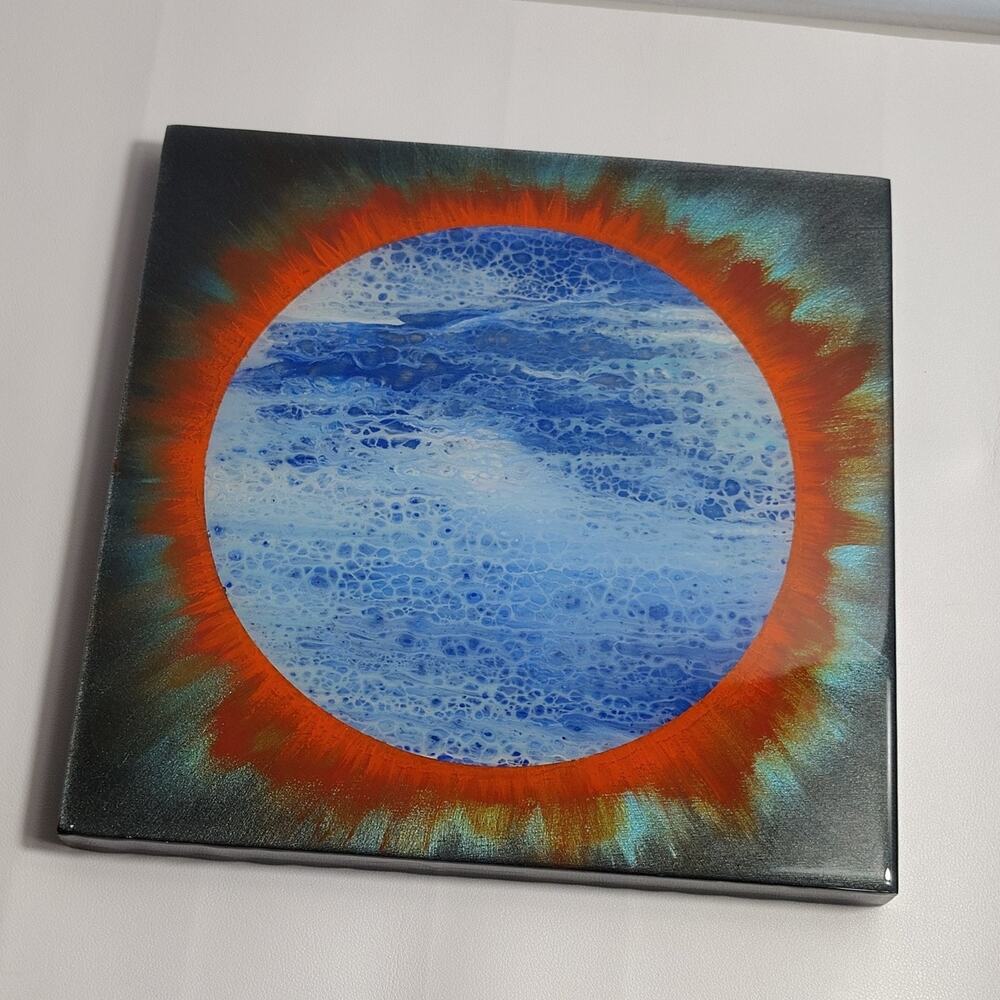 Abstract Acrylic Pour Painting 10x10 Original Canvas Wall Art Blue Orange Black